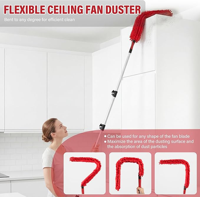 4 FT Duster with Extension Pole, 8 FT High Reach Ceiling Fan Cleaner Duster for Home, 2.5-4 FT Extendable Pole with 3 Pcs Dusting Tools, Cobweb Duster, Feather Dusters, Ceiling Fan Duster