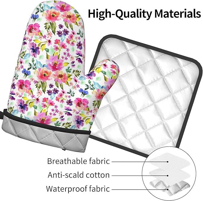 Floral Oven Mitts and Pot Holders Sets Spring Summer Kitchen Mitts Colorful Blossom Potholders 2PCS Wildflower Oven Gloves Hot Pads for Kitchen Baking Cooking