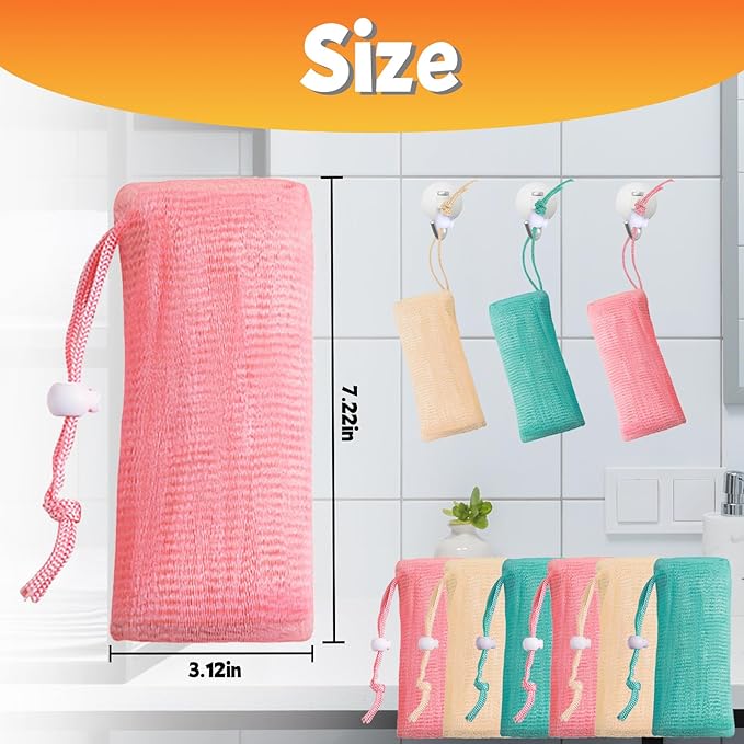 6Pcs Mesh Soap Bag, 3 Colors 6-layer Soft Soaps Pouch with Adjustable Buckle and Drawstring Soap Saver Bag to Create Foam for Body Facial Cleaning (3.12 "x 7.22" Green Pink Beige)