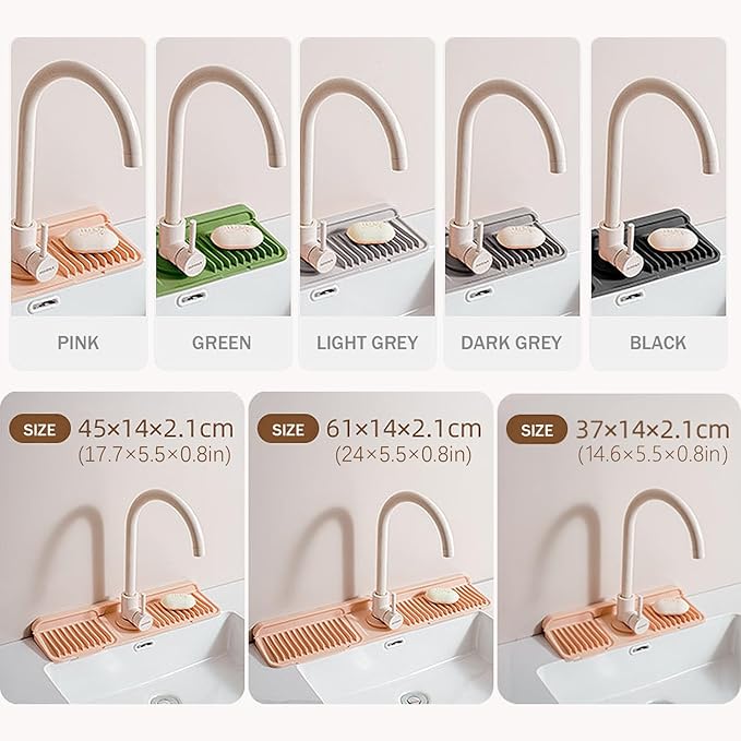 14.5" Silicone Faucet Handle Drip Catcher Tray,7° Sloped Self Draining Mat with Snap-on Design & Soap Holder, Sink Splash Guard for Kitchen & Bathroom, Trim-to-Fit Opening