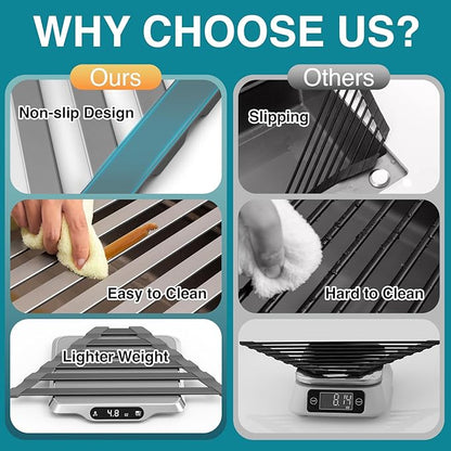 COOL-ANGLE Corner Sink Drying Rack, 16"x9.5" Rust-Proof Aluminum Triangular Dish Drainer, Heat Resistant Roll Up Mat for Kitchen Counter, Sponge Holder & Organizer with Non-Slip Silicone Base, Gray