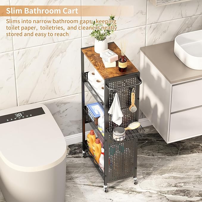 Slim Storage Rolling Cart: 4-Tier Narrow Metal & Wood Utility Cart with Wheels for Kitchen/Laundry/Bathroom(Black)