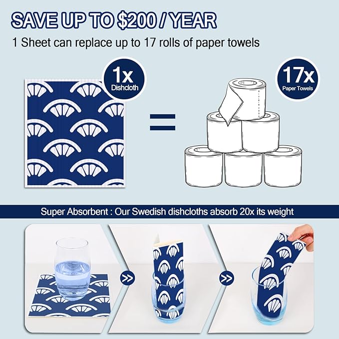 Swedish Dishcloths for Kitchen | 6 Pack Floral Reusable Paper Towels Washable | Swedish Dish Towels | Non-Scratch Cellulose Sponge Cloths | No Odor, Biodegradable Cleaning Cloths, Light Bulb