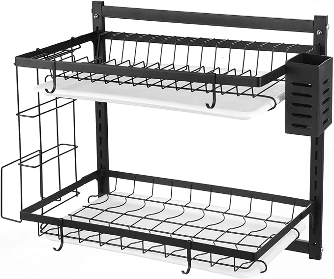 OMISTAR 2 Tier Wall Mounted Dish Rack, Large Capacity Hanging Dish Drying Rack Adjustable Heights, Carbon Steel Frame with Cutting Board Holder, Utensil Holder for Kitchen, Black