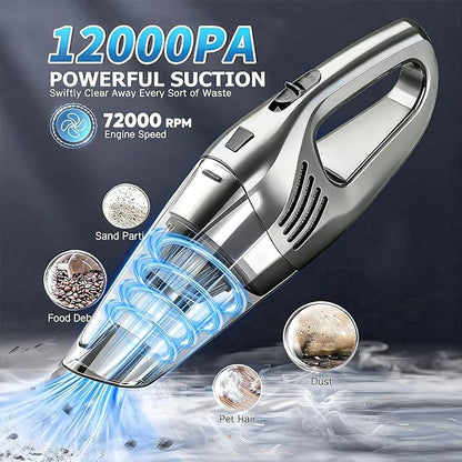Car Vacuum Portable Cordless – 12000PA Strong Suction, Lightweight & Rechargeable – Includes Multi-Nozzle Attachments for Car, Home, Office, and Pet Hair – Compact & Powerful Grey Vacuum