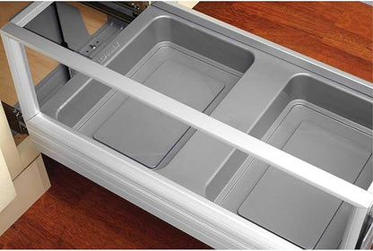 Rev-A-Shelf Double 35 Qt Pullout Trash Can with Soft Close for Base Kitchen Cabinets, Min Opening Width of 14.5", Silver, 5149-18DM-217