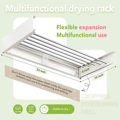 ZdwCyl Wall Mounted Drying Rack,32 inches,Foldbale, Clothes Drying Rack,Laundry Drying Rack Wall Mount,Drying Rack Clothing Space Saver,Retractable,Collapsible,Folding Laundry Rack,White