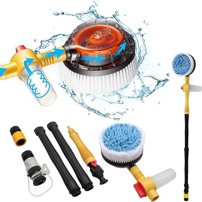 Rotating Car Wash Brush with Soap Dispenser & Hose Attachment, Soft Bristle Car Spin Mop Washing Scrub Brush Long Handle, Water Flow Through High Pressure Car Cleaning Brush Kit (Yellow)