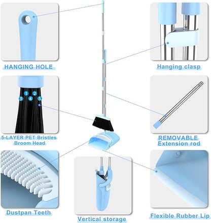 BSKLIN Broom and Dustpan Set House Brooms for Sweeping Indoor Collapsible Broom and Dust Pan Combo for Home Office Kitchen Lobby Floor Pet Hair (Small-Blue)