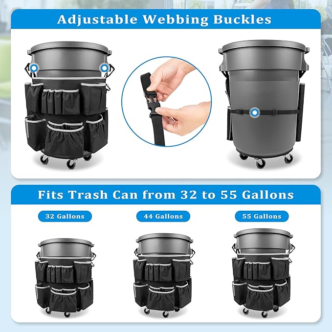 HODRANT Trash Can Caddy Bag Fit 32-55 Gallon Garbage Bin, Cleaning Caddy Bag with Adjustable Buckle for Industrial Trash Can, 13 Pockets Cleaning Tool Organizer for Cleaning Supplies, Gray Edge