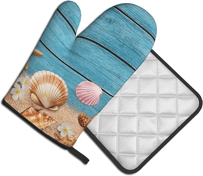 Coastal Oven Mitts and Pot Holders Sets Navy Blue Wooden Starfish Seashell Oven Glove Hot Pads for Kitchen Summer Beach Chef Gifts for Cooking Lover Cooks