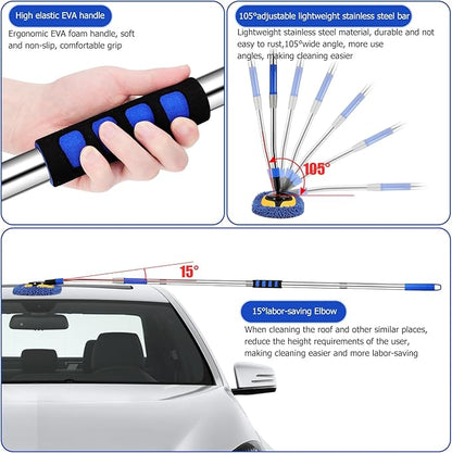 SLIIMU Max 66'' Car Wash Brush with Long Handle & 15° Curved Extension Pole, Microfiber Soft Car Wash Mop Cleaning Tool Kit Include Replacement Head, Towel, Mitt for Clean RV SUV Truck