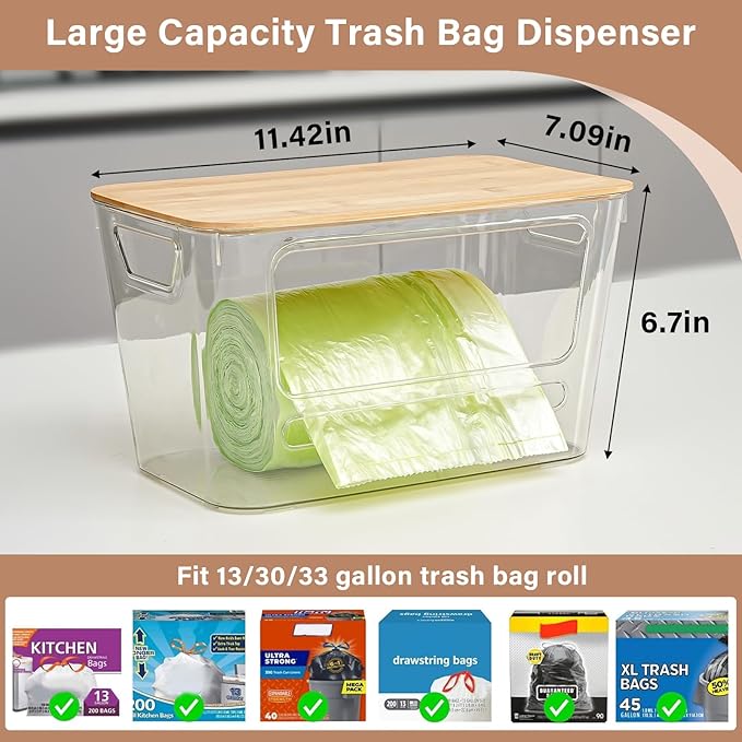 Trash Bag Dispenser, 2 Pack Extra Large Acrylic Trash Bag Holder with Bamboo Lid, Stackable Garbage Bag Holder Dispenser for Kitchen, Trash Bag Organizer for Under Sink, Bathroom, Laundry Room
