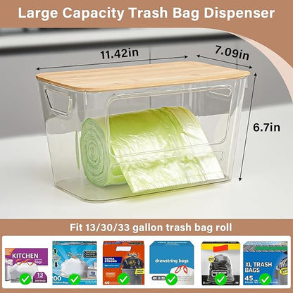 Trash Bag Dispenser, 2 Pack Extra Large Acrylic Trash Bag Holder with Bamboo Lid, Stackable Garbage Bag Holder Dispenser for Kitchen, Trash Bag Organizer for Under Sink, Bathroom, Laundry Room