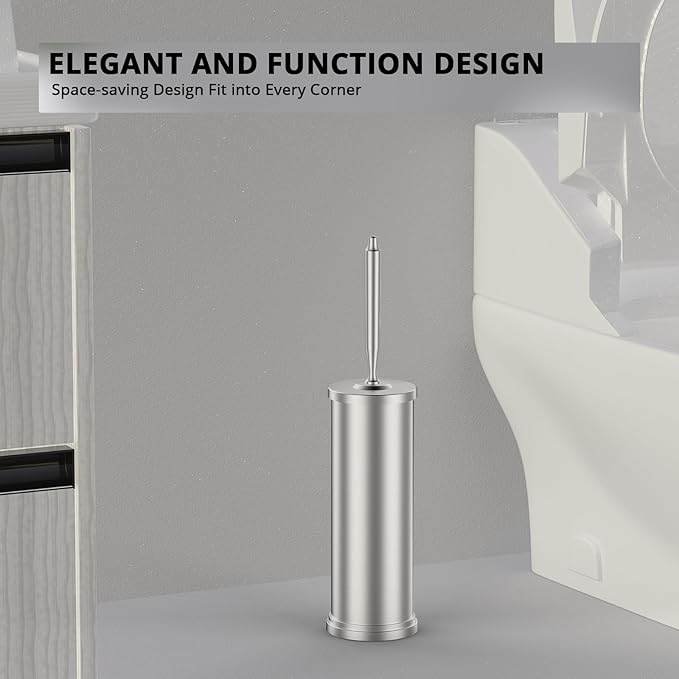 Premium 304 Stainless Steel Toilet Brush and Holder: Weighted Stable Base, Removable Inner Tube, Splash-Proof Design for 360° Thorough Cleaning & Space-Saving Storage,Nickel