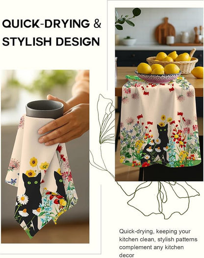 Miss Adola Flour Sack Kitchen Towels - Set of 2 Spring Dish Towels with Hanging Loop 18x26 Inch Absorbent Reusable Cotton Cloths for Cleaning Cute Design Home Decorative Housewarming, Flower Cats