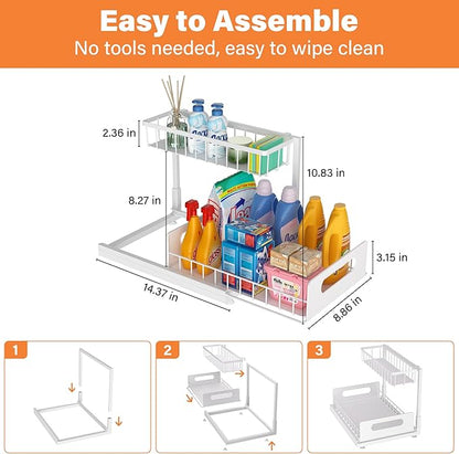 Under Sink Organizer 2 Tier, Pull Out Drawer Slides Under Sink Storage for Bathroom Kitchen,Multi-Purpose Drawer Under Cabinet Organizer for Cleaning Supplies (White, 2 Pack)