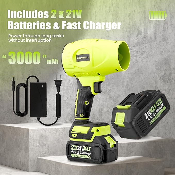 SakerPlus Cordless Leaf Blower,Portable Dust Cleaner with 2 Batteries, 21V 4.0Ah Electric Handheld Blower, 3-Speed Adjustable,Mini Lightweight Leaf Blower for Yard, Patio, Garage, Car (Green)