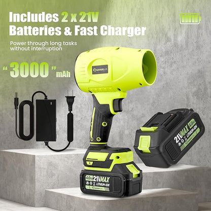 SakerPlus Cordless Leaf Blower,Portable Dust Cleaner with 2 Batteries, 21V 4.0Ah Electric Handheld Blower, 3-Speed Adjustable,Mini Lightweight Leaf Blower for Yard, Patio, Garage, Car (Green)