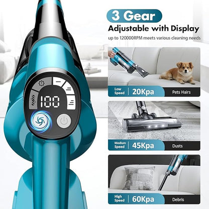 700W Cordless Vacuum Cleaners for Home with 2*Battery 8000mAh,Brushless Rechargeable Stick Vacuum with 3 Mode, 6 in 1 Portable Handheld Cordless Vacuum for Pet Hair/Hardwood Floor/Dorm (Blue)