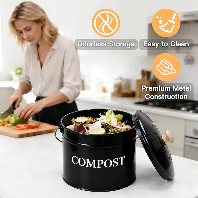 Compost Bin - 1 Gallon Countertop Composter with Lid and Charcoal Filters, Rust Proof Indoor Bucket for Kitchen Food Waste