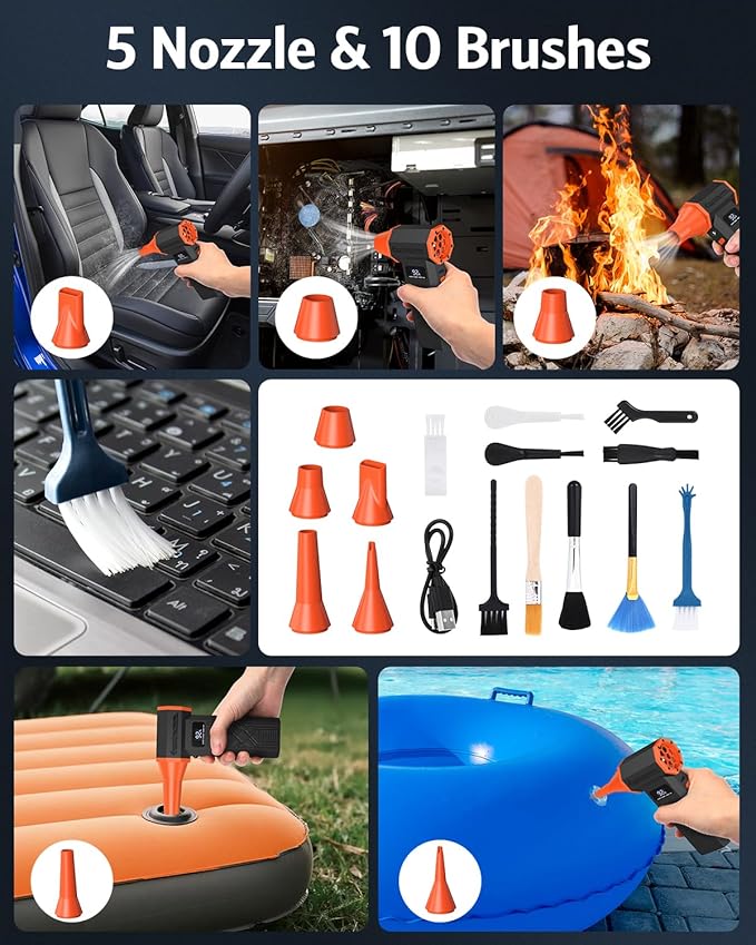 Electric Compressed Air Duster, 280000RPM Brushless Motor Cordless Rechargeable Air Blower, 4-Gear Adjustable Dust Remover with LED Display & Light for Keyboard Computer Car Home Outdoor