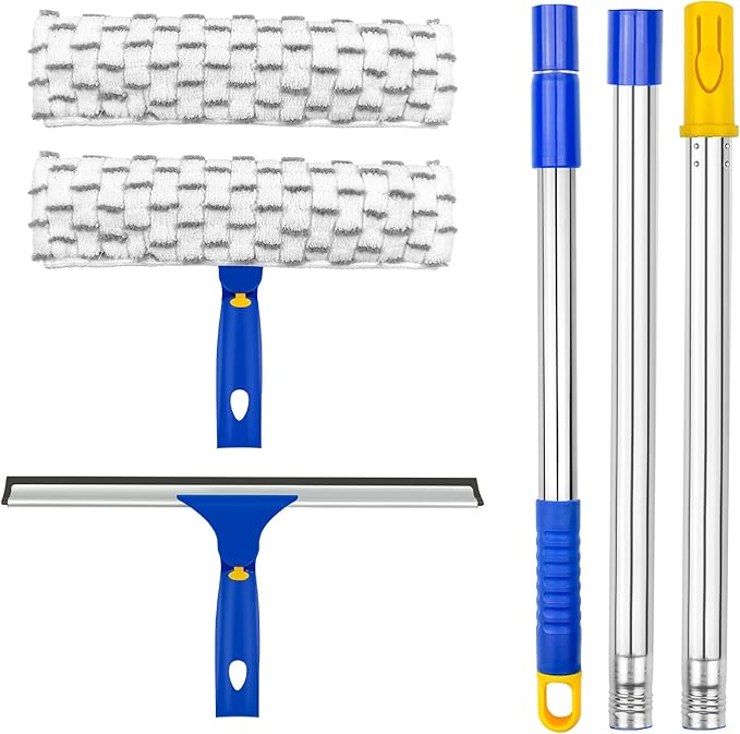 Window Squeegee Cleaner Tool,Window Cleaning Kit with Extension Pole,12" Squeegee and 11" Microfiber Scrubber Combi,Window Washing Equipment for Car, Indoor,Outdoor, High Windows-2 Pads