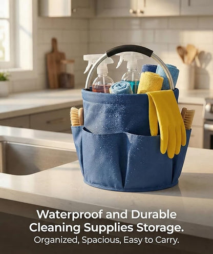17L Collapsible Cleaning Caddy with Handle - Heavy Duty Oxford Cleaning Supplies Organizer - Multi-Pocket Foldable Storage Bucket for Housekeeping, Car Wash, Gardening & Camping (Navy Blue)