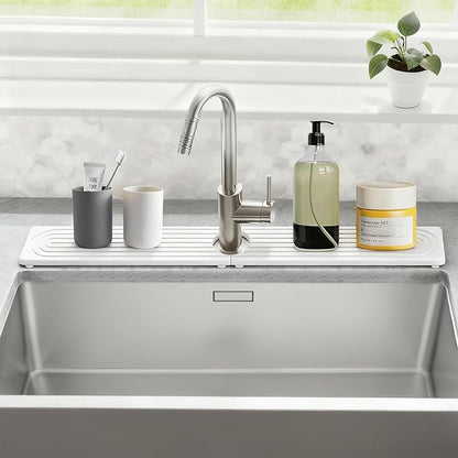 Faucet Mat for Kitchen Sink, Diatomite Drying Stone Mat Sink Protector, Faucet Splash Guard for Bathroom Counter for Bathroom, Laundry, Bar, White, 23.6" x 4"