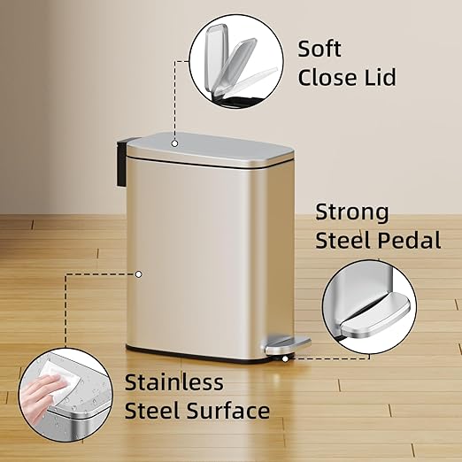 KSSKSS Small Bathroom Trash Can with Lid Soft Close, Step Pedal, 6L / 1.6 Gal Stainless Steel Garbage Bin with Removable Inner Bucket, Slim Wastebasket for Narrow Spaces (Silver)