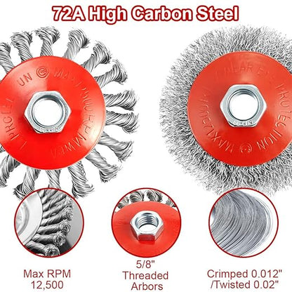 13-Pack Wire Wheel Brush for 4-1/2 Inch Angle Grinder, Heavy Duty Carbon Steel Knotted & Crimped Wire Wheels & Cup Brushes Set, Fits 5/8-11 Arbor Grinder Attachments for Rust & Paint Removal