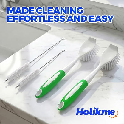 Holikme 4 Pack Dish Brush with Handle Set - 2 Pack Kitchen Dish Brush with Handle, 2 Straw Brushes, Deep Cleaning Dish Brush for Kitchen Sink Dishes, Pot and Pans, Green