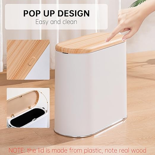 Small Bathroom Trash Can with Lid, 10L/2.6 Gal Slim Wastebasket - Odor & Pet Proof, Inner Bucket & Wood Grain Top, Plastic White Garbage Can for Kitchen, Bedroom, Living Room, Office, RV