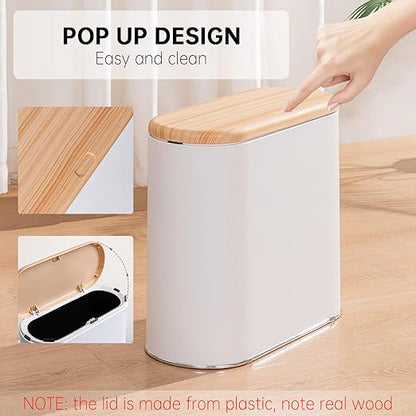 Small Bathroom Trash Can with Lid, 10L/2.6 Gal Slim Wastebasket - Odor & Pet Proof, Inner Bucket & Wood Grain Top, Plastic White Garbage Can for Kitchen, Bedroom, Living Room, Office, RV