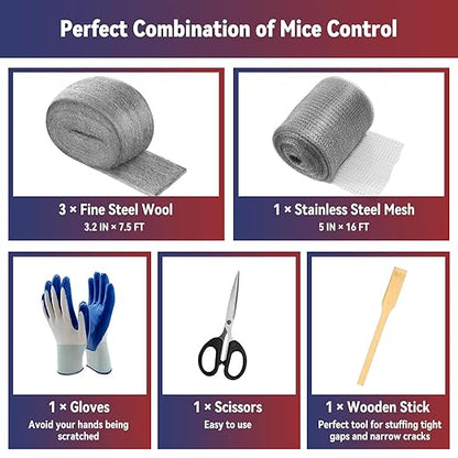 [Upgrade 4in1] Steel Wool Mice Control,Wire Mesh Hole Filler Gap Rodent Control Fill Fabric,Dual-Layer Protection for Mouse,Weep Hole Covers,3 Pack Steel Wool 1#&1 Pack Stainless Mesh Kit with Tools