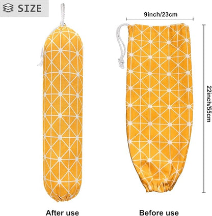SYIPO Plastic Bag Holder Shopping Bags Carrier, Washable Large Grocery Bag Storage Dispenser for Home Kitchen Travelling, Free Adjustment with Drawstring, Yellow, 22x9