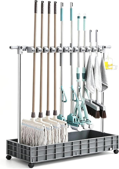 SARKEY Mobile Broom Mop Holder,Freestanding Housekeeping Storage With Hanging Hooks Drip Tray,Solves The Problem Of Dripping Mops And Wet Floors,For Garden,Schools Hotels(121x45x110cm(48x18x43in))
