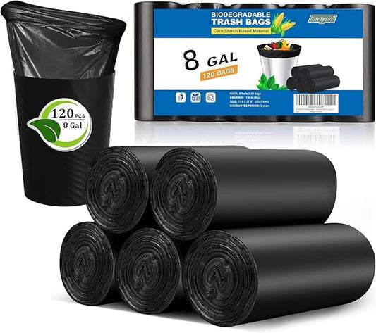 8 Gallon Compostable Trash Bags - Unscented Black Garbage Bag 120 Count Heavy Duty Super Leakproof & Extra Thick Wastebasket Liners for Large Kitchen/Utility Cans Inwaysin