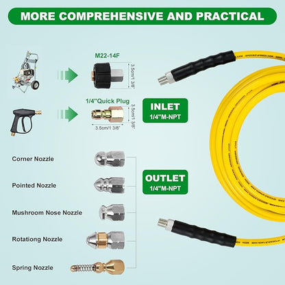 Sewer Jetter Kit for Pressure Washer,Water Jet Drain Cleaning Hose with Corner Rotating Button Spring Nose 1/4" NPT Sewer Cleaning Tool High-Pressure Nozzles,5800 PSI 100 FT