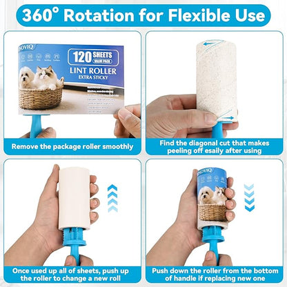 Lint Roller Refills - 1080 Sheets Total, Extra Sticky Adhesive Replacement Rolls for Pet Hair Removal on Clothes, Couch, Furniture & Carpet, 3.9-inch Rolls with 120 Sheets Each, (No Handle Included)