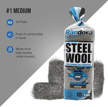 Pandora Steel Wool #1 – Medium Grade, 48 Pads for Cleaning and Preparing- Metal Strands - Ideal for Linoleum Floors, Bowling Balls, and Shoe Soles