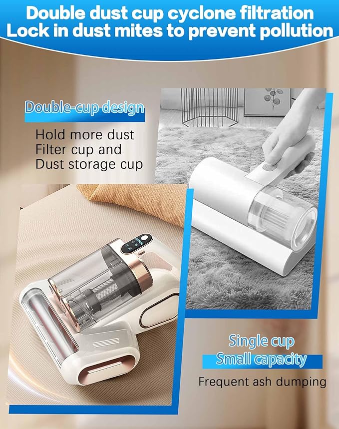 Powerful UV Bed Vacuum Cleaner, Bedroom Guard - Multifunctional Wireless Handheld Mattress Vacuums Cleaners, 13Kpa Heating Cordless Vacuum Cleaner Handheld for Bed, Sofa & Carpet (Blue)