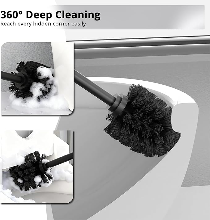 Premium 304 Stainless Steel Toilet Brush and Holder: Weighted Stable Base, Removable Inner Tube, Splash-Proof Design for 360° Thorough Cleaning & Space-Saving Storage,Black