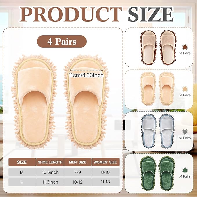 Jecery 4 Pair Washable Microfiber Mop Slippers Detachable Dusting Shoes for Floor Cleaning, Office & Home Use Suitable for Women & Men(Beige,Brown,Black,Grass Green,M Size)