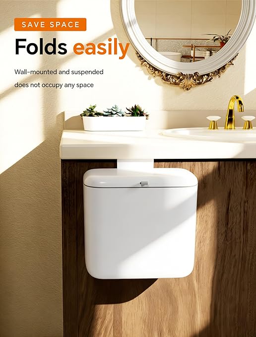 Wall Mounted Kitchen Compost Bin with Lid, Hanging Trash Can for Cabinet Door, White Plastic Food Scrap Bin for Kitchen Counter and Under Sink, 1.8 Gal