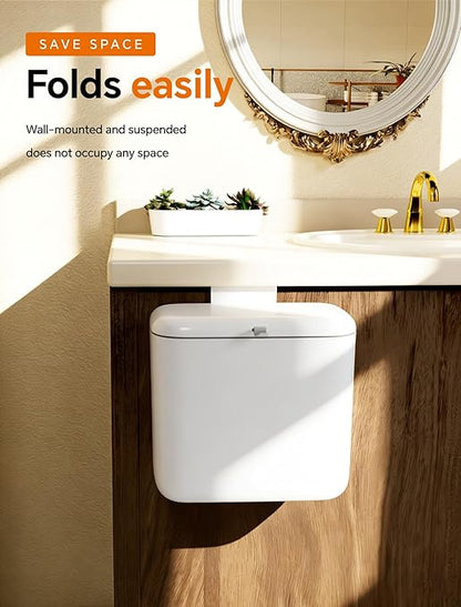 Wall Mounted Kitchen Compost Bin with Lid, Hanging Trash Can for Cabinet Door, White Plastic Food Scrap Bin for Kitchen Counter and Under Sink, 1.8 Gal