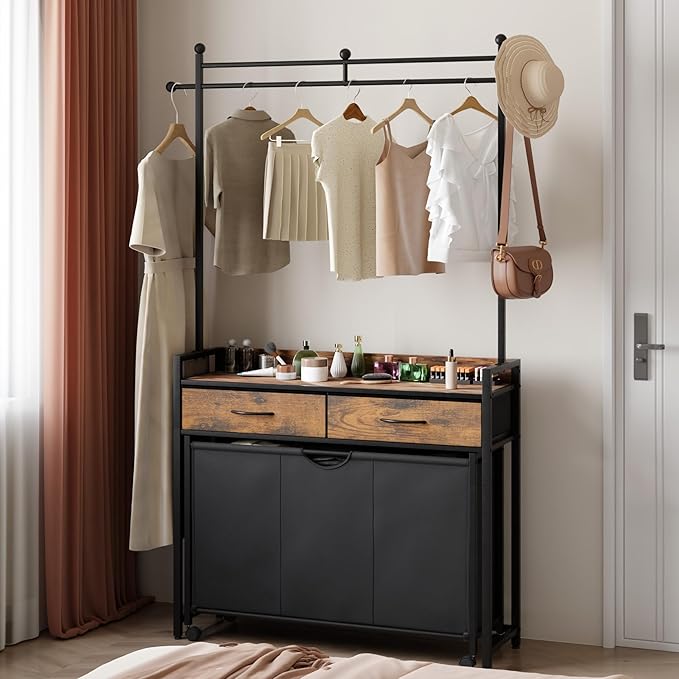 Mondeer Laundry Sorter with 2 Drawers and Hanging Rack, 150L Laundry Hamper with 3 Compartments Pull-Out Rolling Bag, Laundry Basket Organizer for Bathroom, Rustic Brown and Black