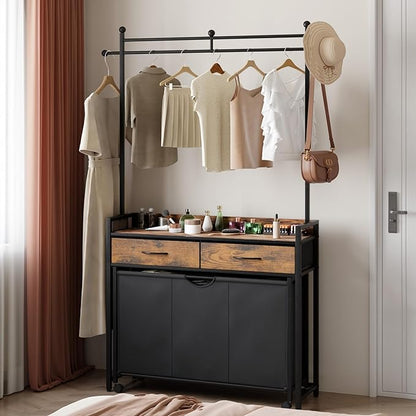Mondeer Laundry Sorter with 2 Drawers and Hanging Rack, 150L Laundry Hamper with 3 Compartments Pull-Out Rolling Bag, Laundry Basket Organizer for Bathroom, Rustic Brown and Black