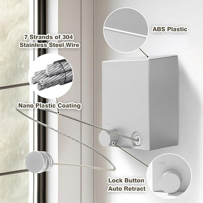 Retractable Clothesline, Retractable Clothesline Indoor, Laundry Line Retractable, Not Sagging, Suitable for Balconies, Courtyards, Laundry Rooms, RVs, Yachts, etc