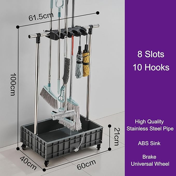 Mop and Broom Holder Cleaning Supplies Mop Bucket Garden Tool Organizer Cleaning Carts on Wheels Freestanding Broom Closet Storage Cabinet Mop Sink for Ho(One Color-8 Slots 10 Hooks